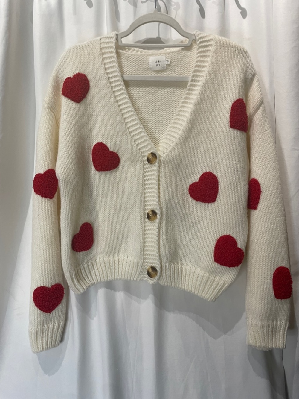 Cream V-Neck Cardigan with Red Heart Appliqués